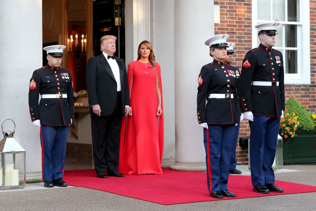 President Trump and first lady Melania Trump pose ahead of a dinner at Winfield House for Prince Charles, Prince of Wales, and Camilla, Duchess of Cornwall, during their state visit on June 4, 2019 in London, England. 