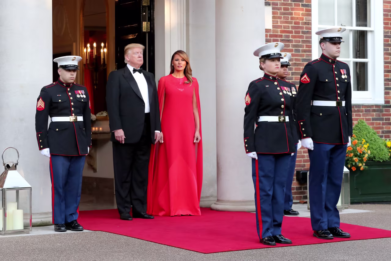 President Trump and first lady Melania Trump pose ahead of a dinner at Winfield House for Prince Charles, Prince of Wales, and Camilla, Duchess of Cornwall, during their state visit on June 4, 2019 in London, England. 