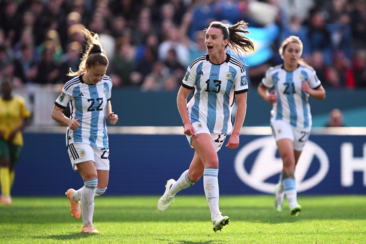 Sophia Braun celebrates after scoring Argentina's first goal against South Africa.