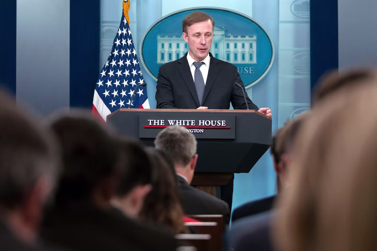 National Security Advisor Jake Sullivan speaks during a press briefing at the White House in Washington, DC, on February 14. 