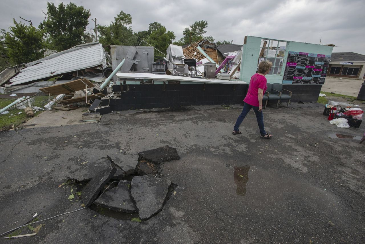 A longtime town hamburger stand is pictured in Rogers, Arkansas, on May 26. The building was destroyed by a tornado the previous night.