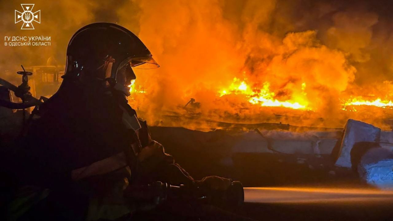 A firefighter works at a site following a Russia's drone attacks in?Odesa?region, Ukraine on September 3.