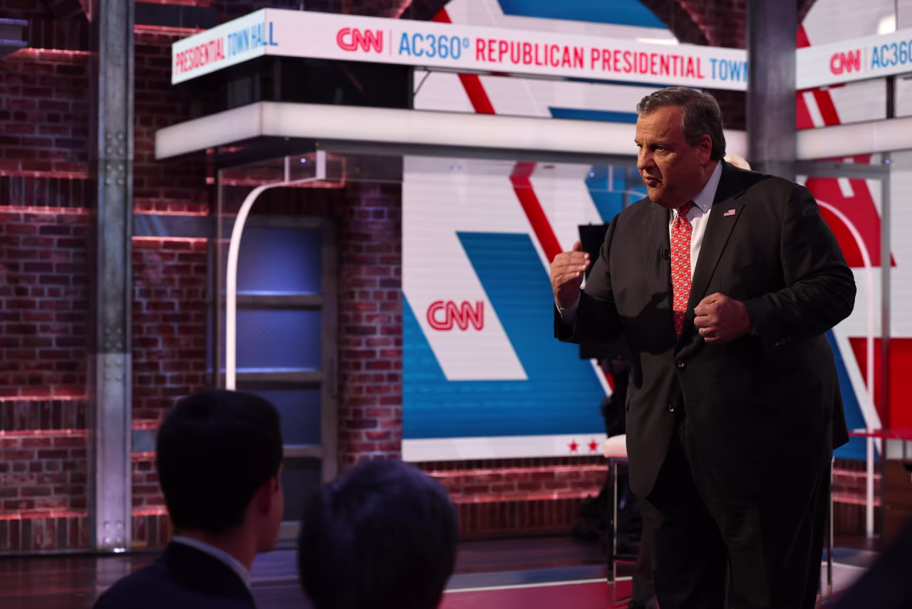 Chris Christie speaks at a CNN Republican Presidential Town Hall moderated by CNN’s Anderson Cooper in New York on Monday, June 12.