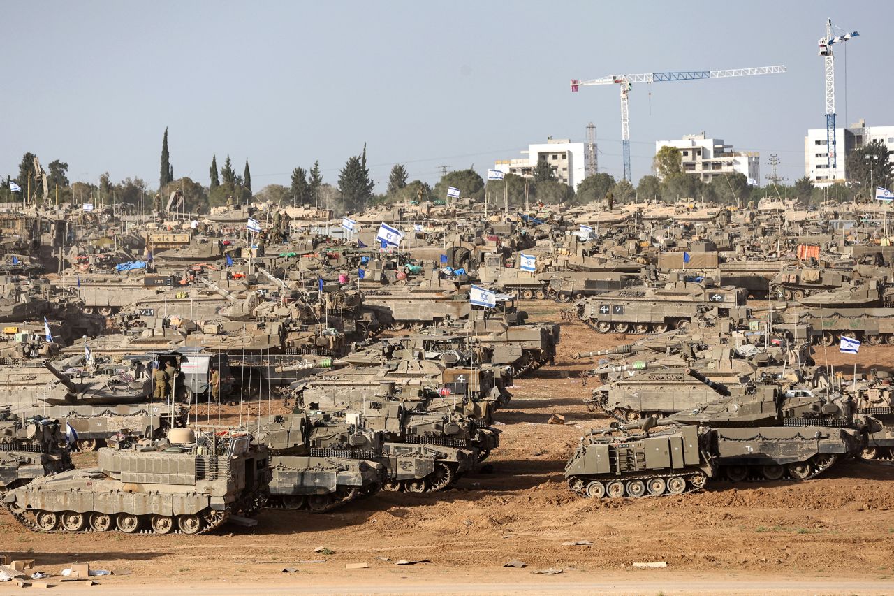 Israeli tanks are positioned in southern Israel near the border with Gaza on May 9. 