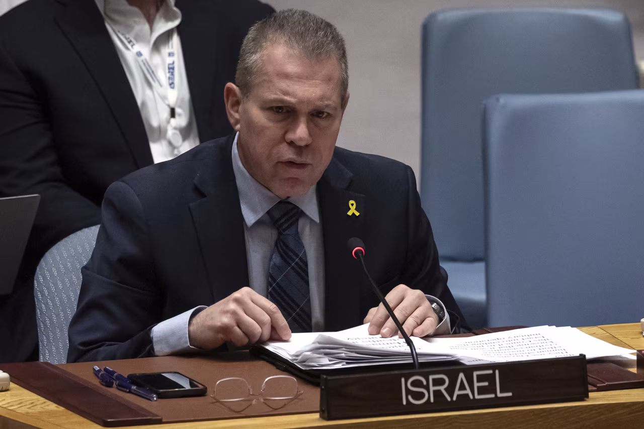 Gilad Erdan, Permanent Representative of Israel to the United Nations, speaks during a Security Council meeting at United Nations headquarters on March 22.