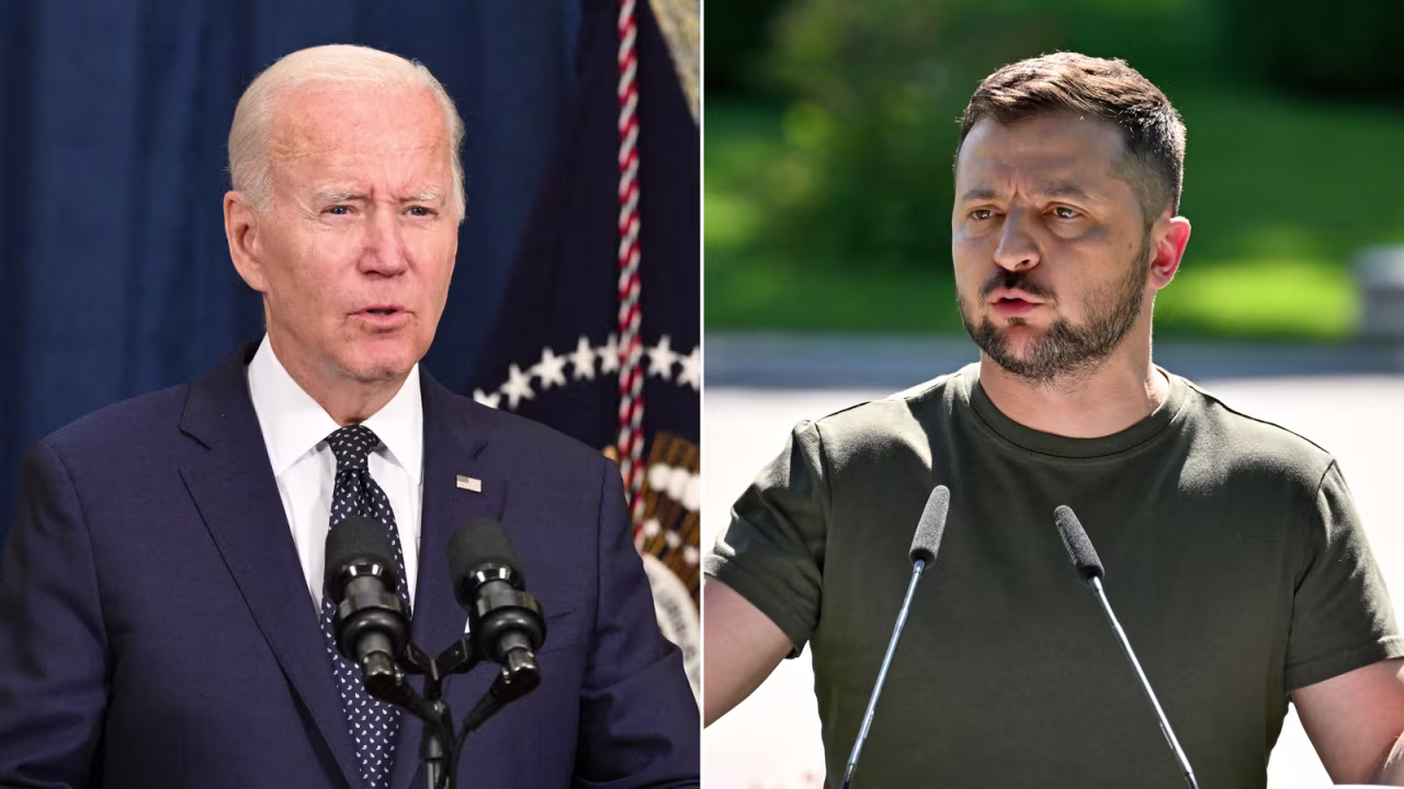 US President Joe Biden (L) spoke with Ukrainian President Volodymyr Zelensky on Monday and pledged advanced air defense systems to Ukraine, according to White House.
