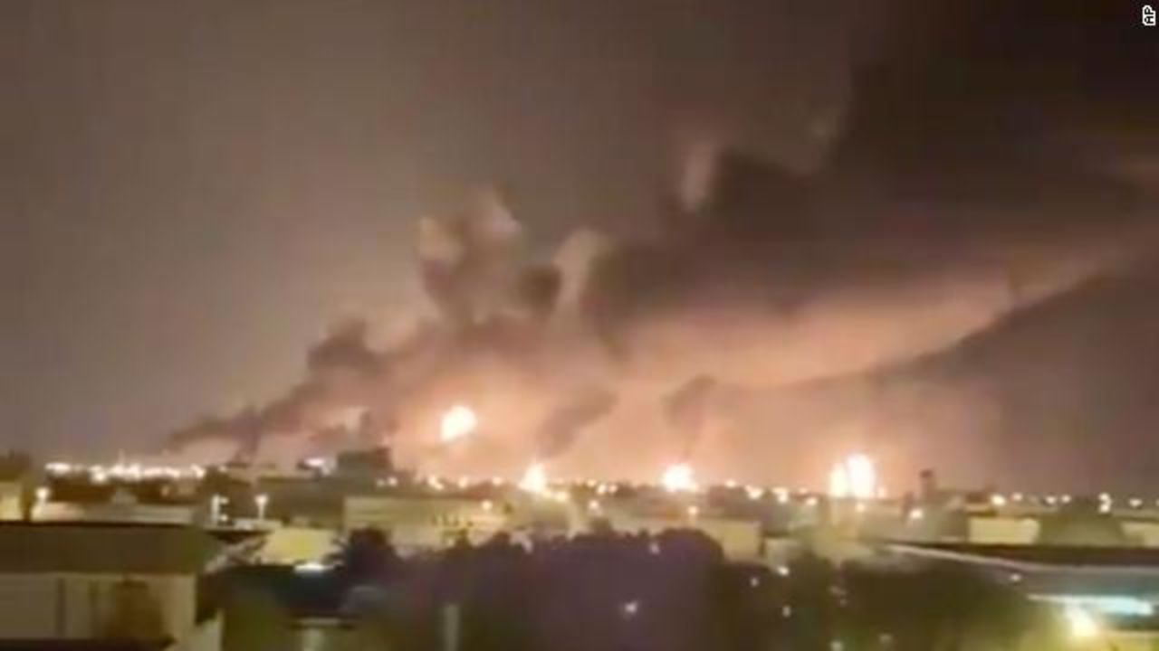 A haze of smoke is seen from the attacked oil plant in Saudi Arabia.