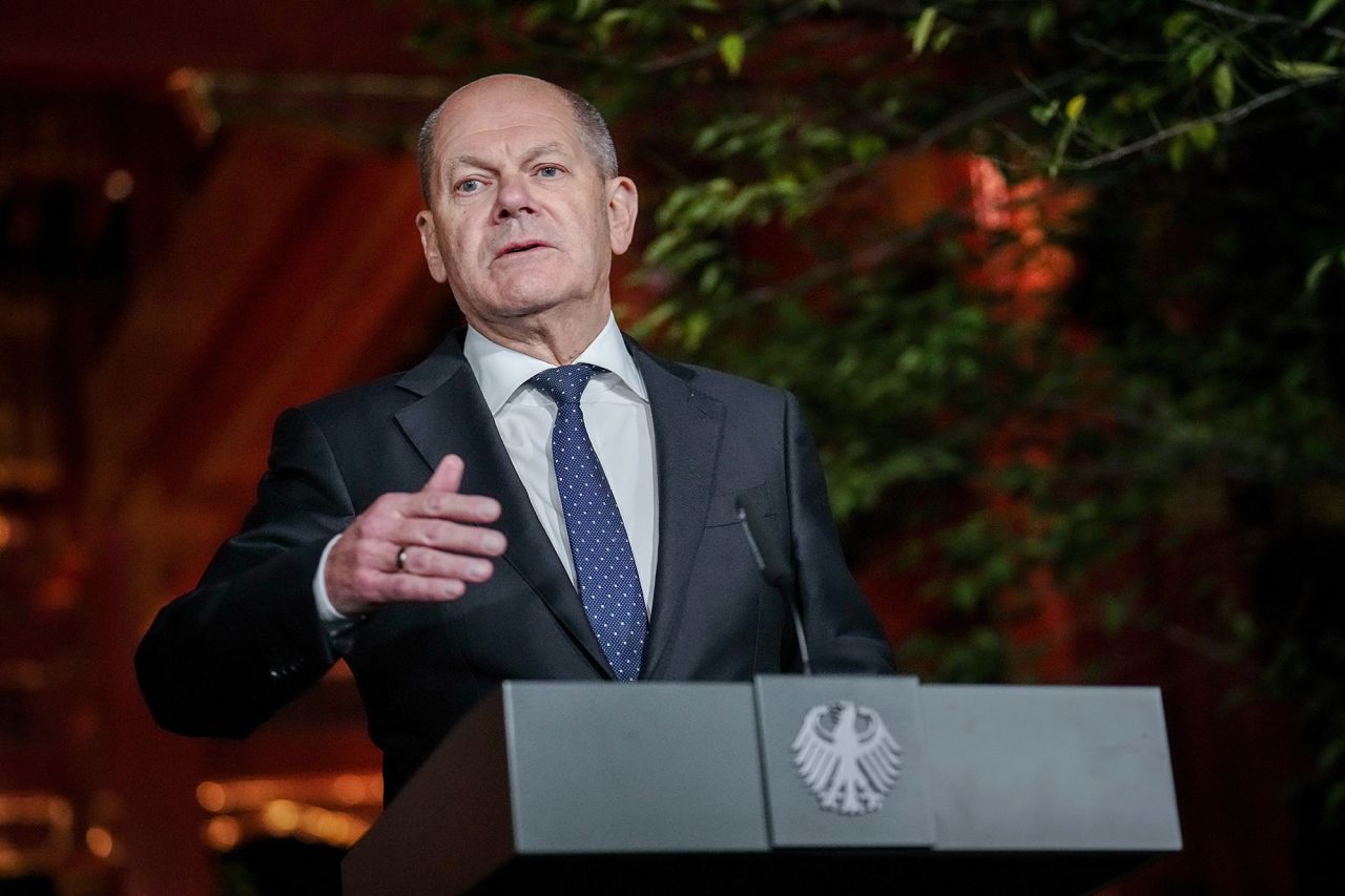 German Chancellor Olaf Scholz gives a press statement at the end of his visit to the Chinese capital on November 4.