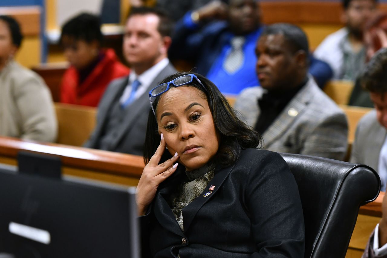 Fulton County District Attorney Fani Willis appears before Judge Scott McAfee for a hearing in the 2020 Georgia election interference case at the Fulton County Courthouse on November 21, 2023 in Atlanta, Georgia. 