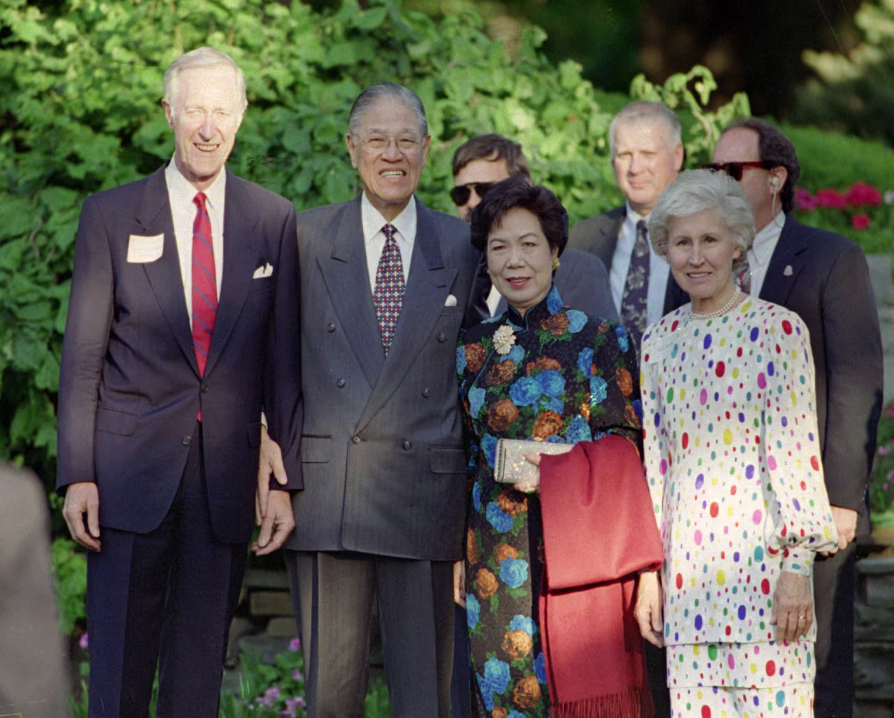 Cornell University President Frank Rhodes and Taiwan President Lee Teng-hui pose with their wives, Lee Wen-hui and Rosa Rhodes prior to a private dinner at the president's home on June 10,1995 in Ithaca, New York.