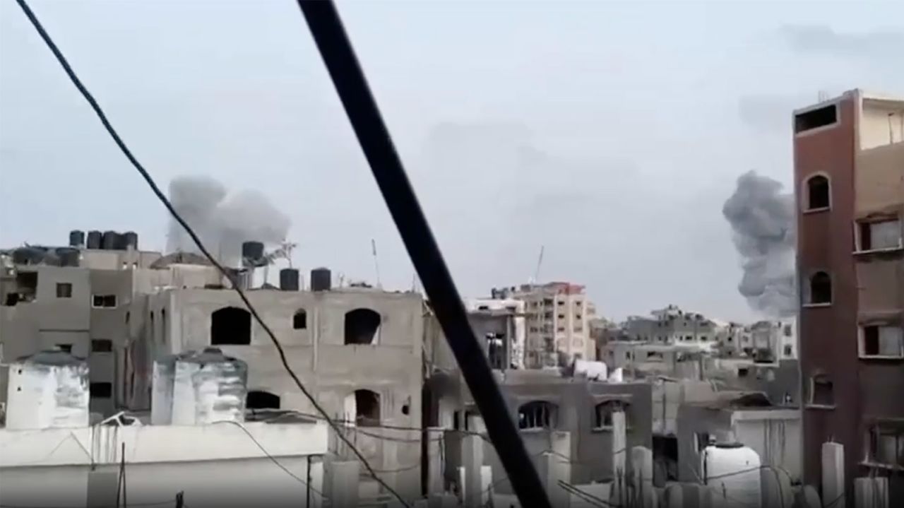 Plumes of smoke are seen east of Jabalya refugee camp in northern Gaza.