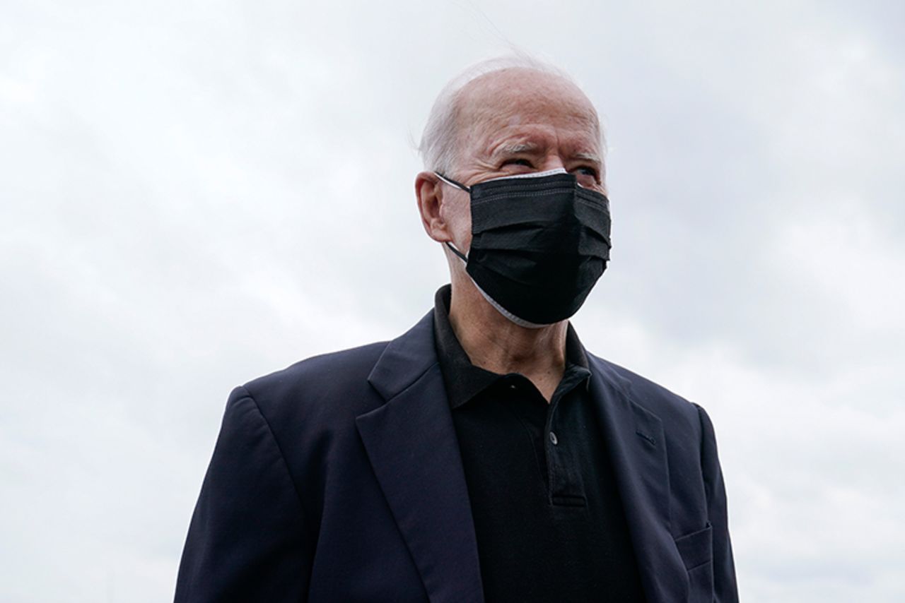 President Joe Biden speaks with members of the press before Air Force One at Delaware Air National Guard Base in New Castle, Del., Sunday, March 28, 2021.?