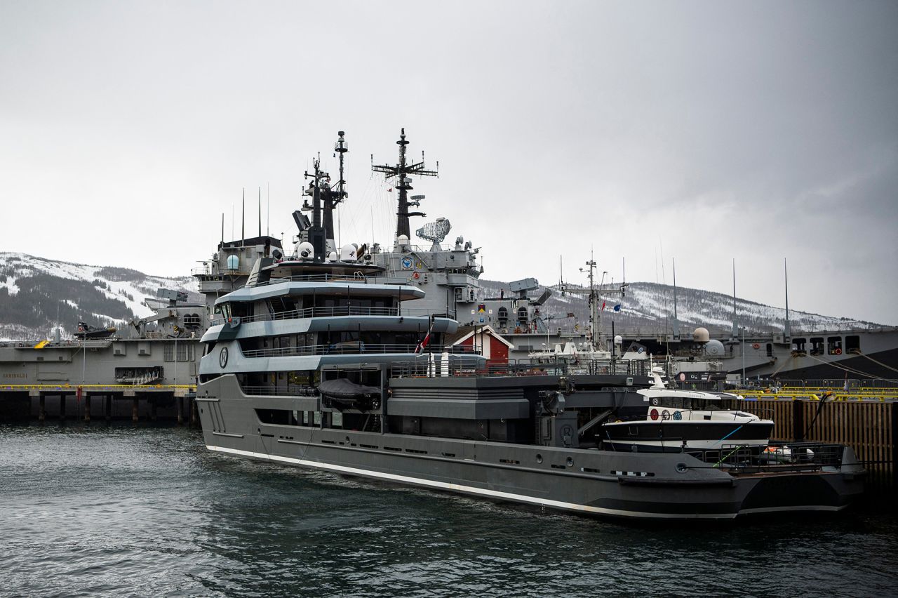 A 68 meters luxury yacht called Ragnar, owned by a former KGB officer, Russian oligarch Vladimir Strzhalkovsky, is pictured at the quay in Narvik, north Norway, on March 21.