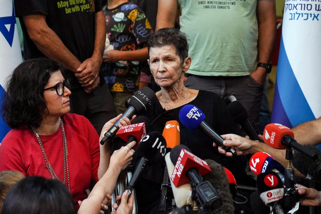 Yocheved Lifshitz speaks to members of the media in Tel Aviv, Israel, on October 24.