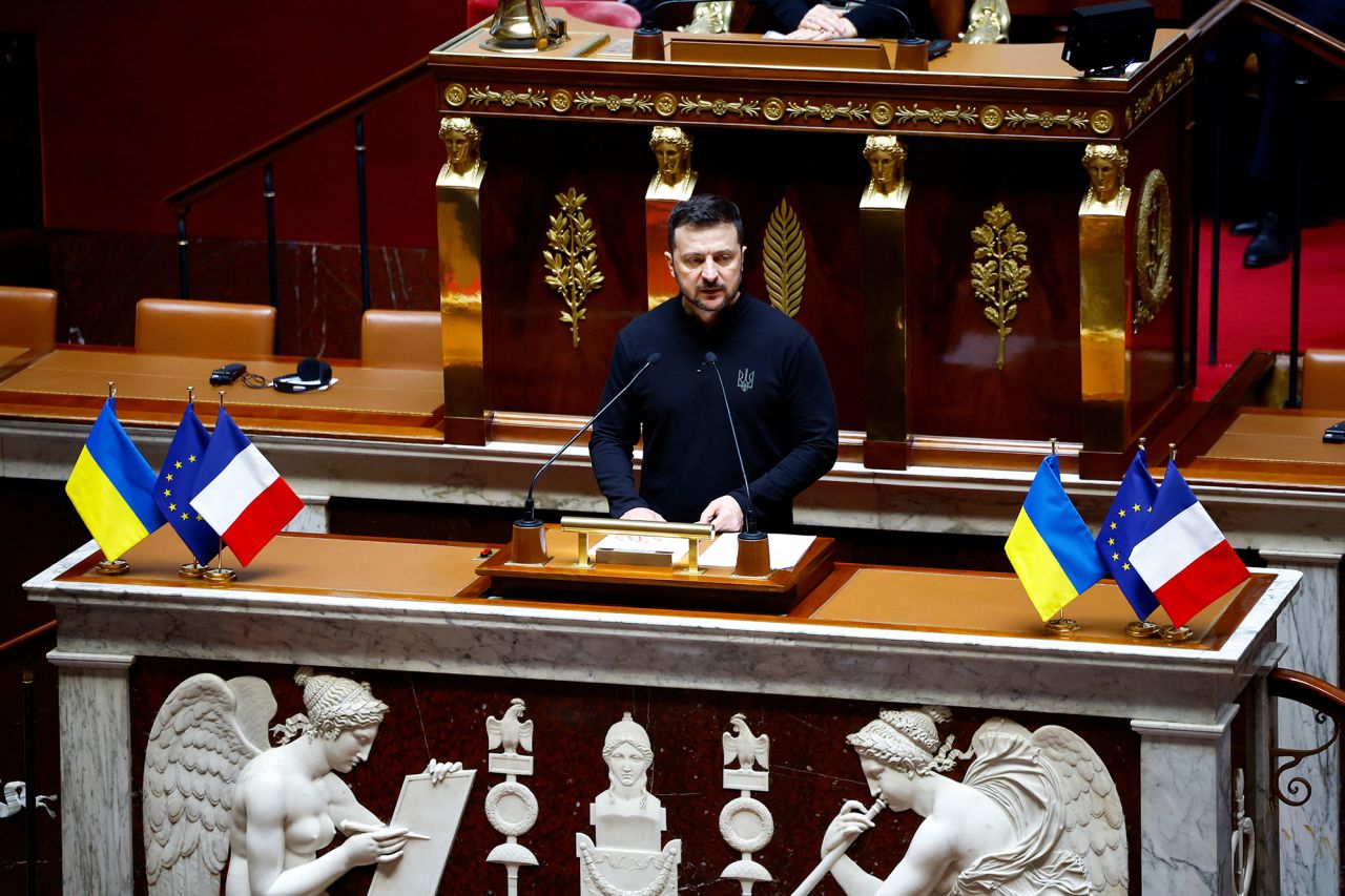 Ukrainian President Volodymyr Zelensky addresses lawmakers of France's National Assembly in Paris, France, on June 7.