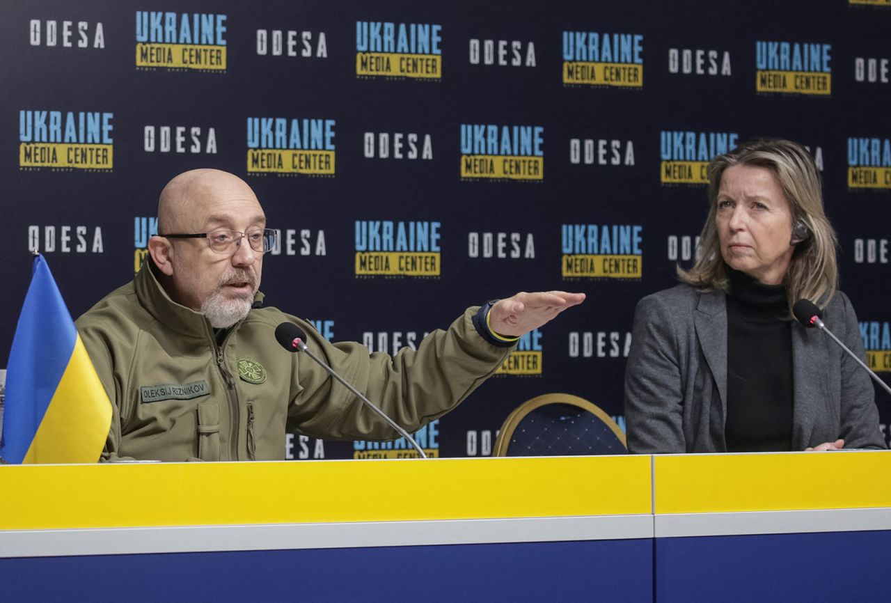 Ukrainian Defense Minister Oleksii Reznikov, left, and his Netherland's counterpart Kajsa Ollongren attend a joint news briefing in Odesa, Ukraine, on March 14.