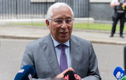 Portuguese Prime Minister Antonio Costa speaks to the press outside 10 Downing Street after a bilateral meeting with UK Prime Minister Boris Johnson in London, England, on June 13.