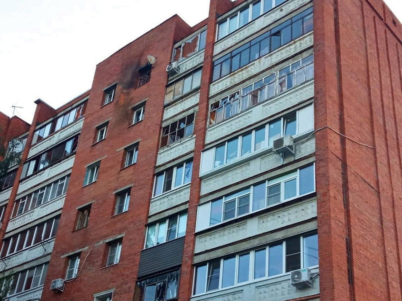 A damaged building is seen following a reported drone attack in Kursk, Russia on August 27.