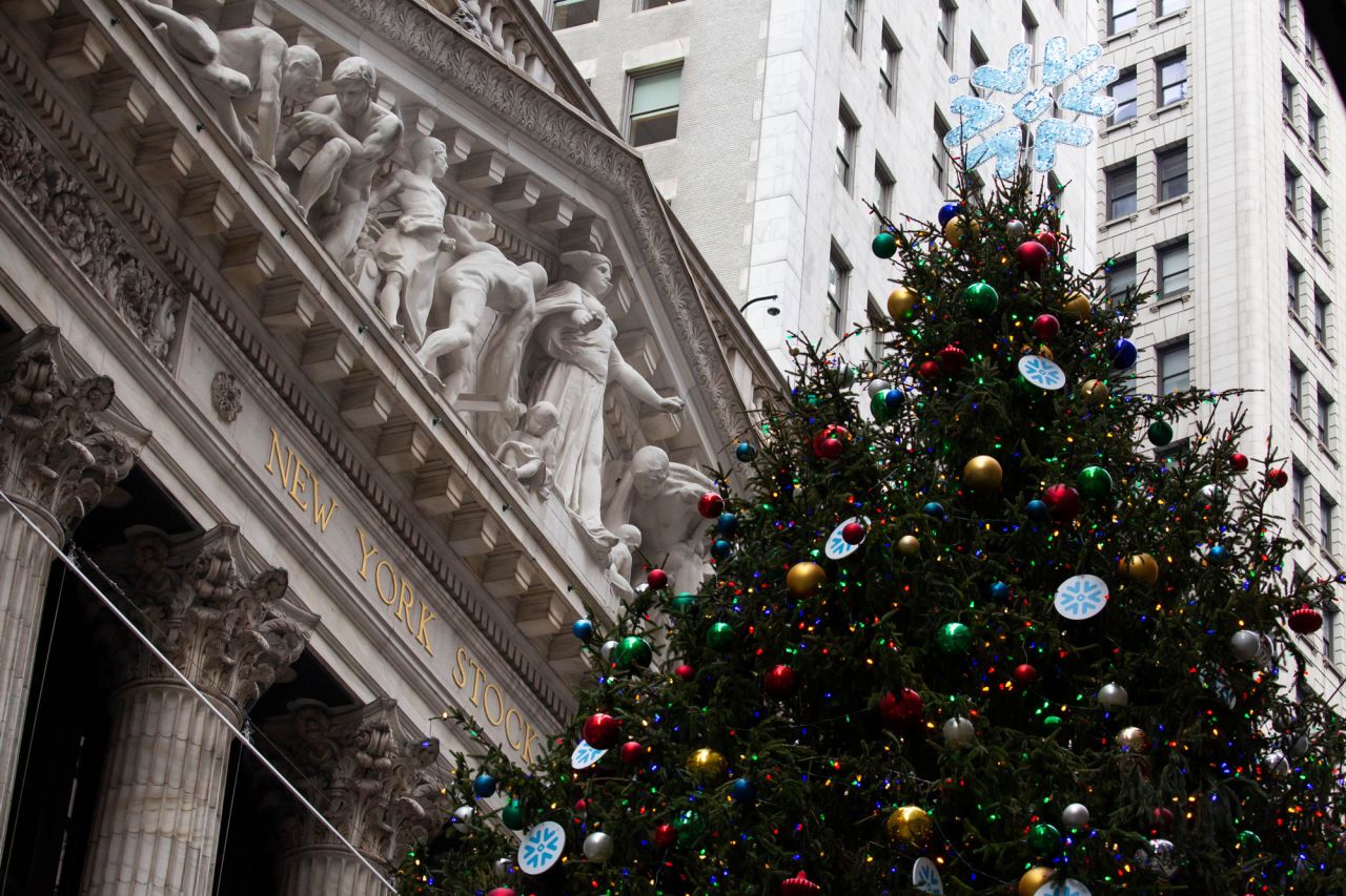 A Christmas tree stands in front of the New York Stock Exchange in New York City on December 9.