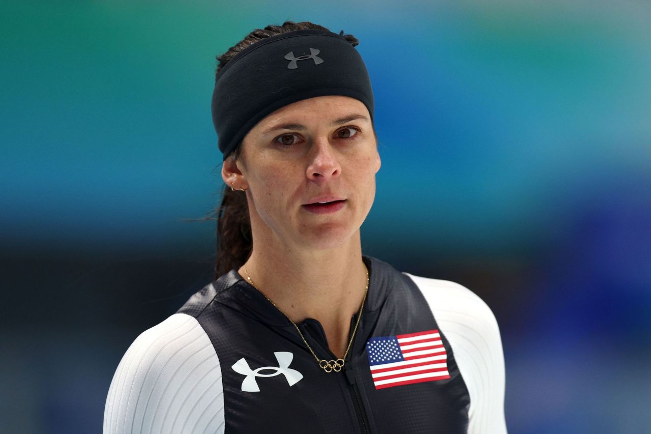 Brittany Bowe of USA looks on during a training session at the National Speed Skating Oval before the start of the 2022 Winter Olympic Games on January 30.