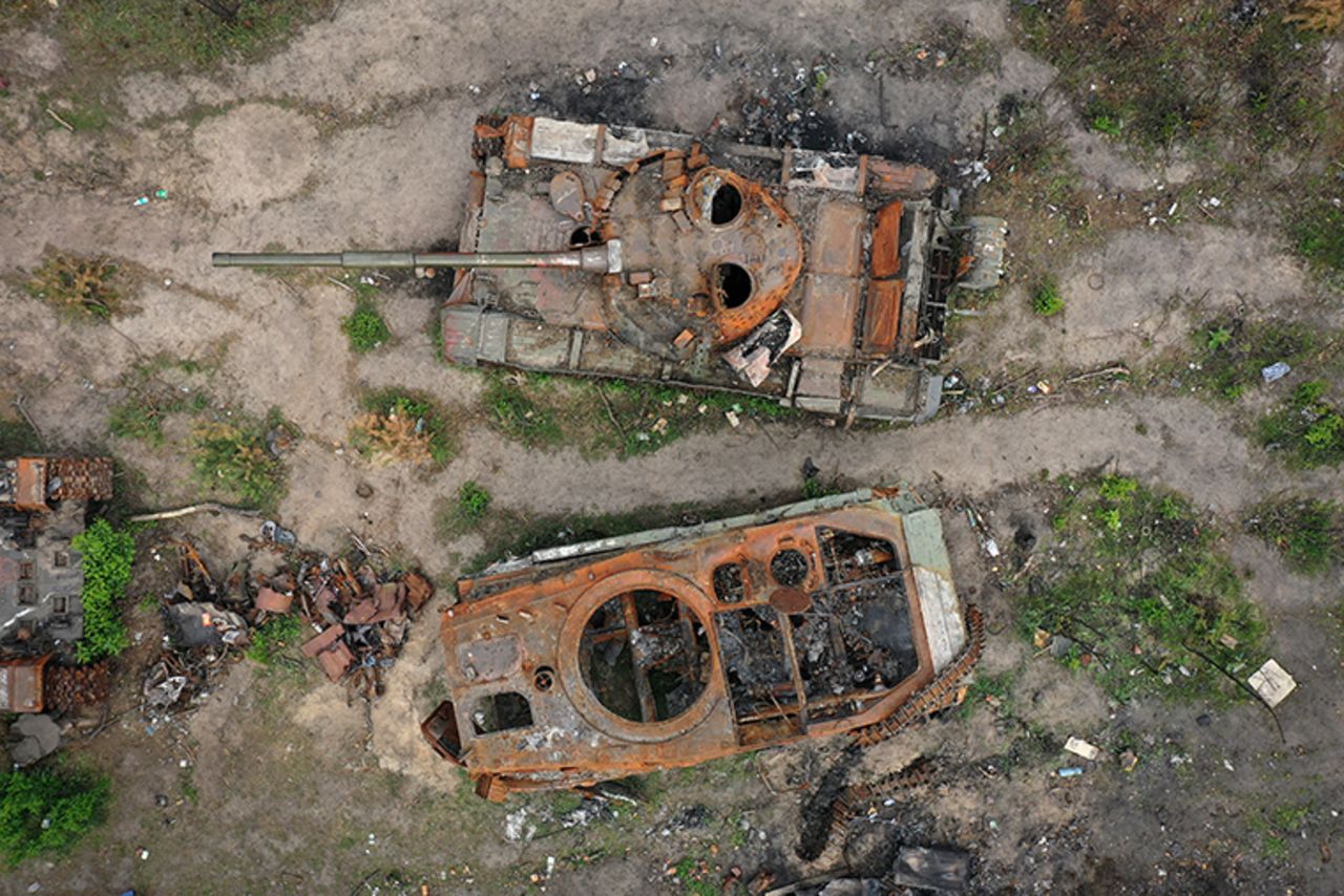 Destroyed Russian main battle tanks and armored vehicles lay beside a road on May 25 in Irpin, Ukraine. 