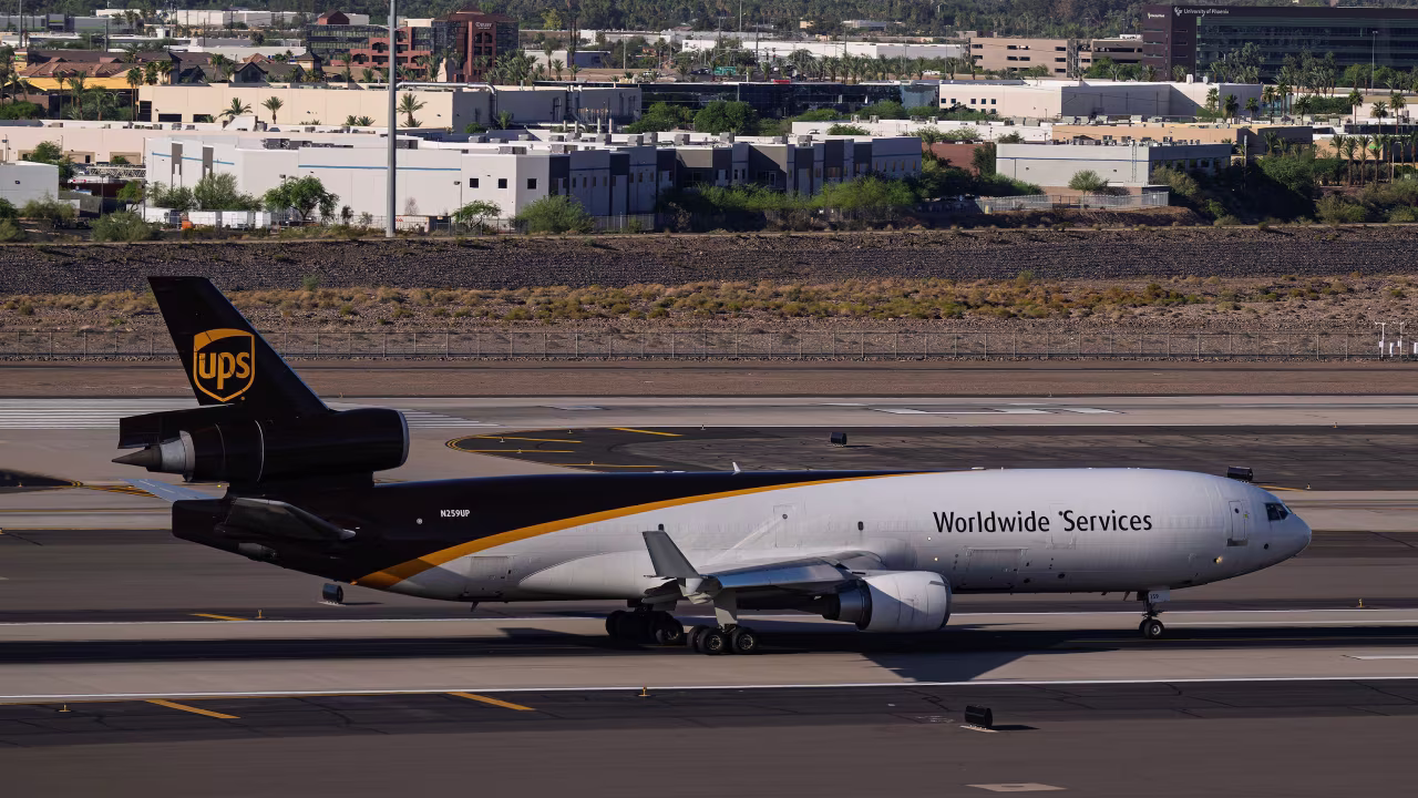 A UPS McDonnell Douglas MD-11F departs from Phoenix Sky Harbor International Airport on June 28.