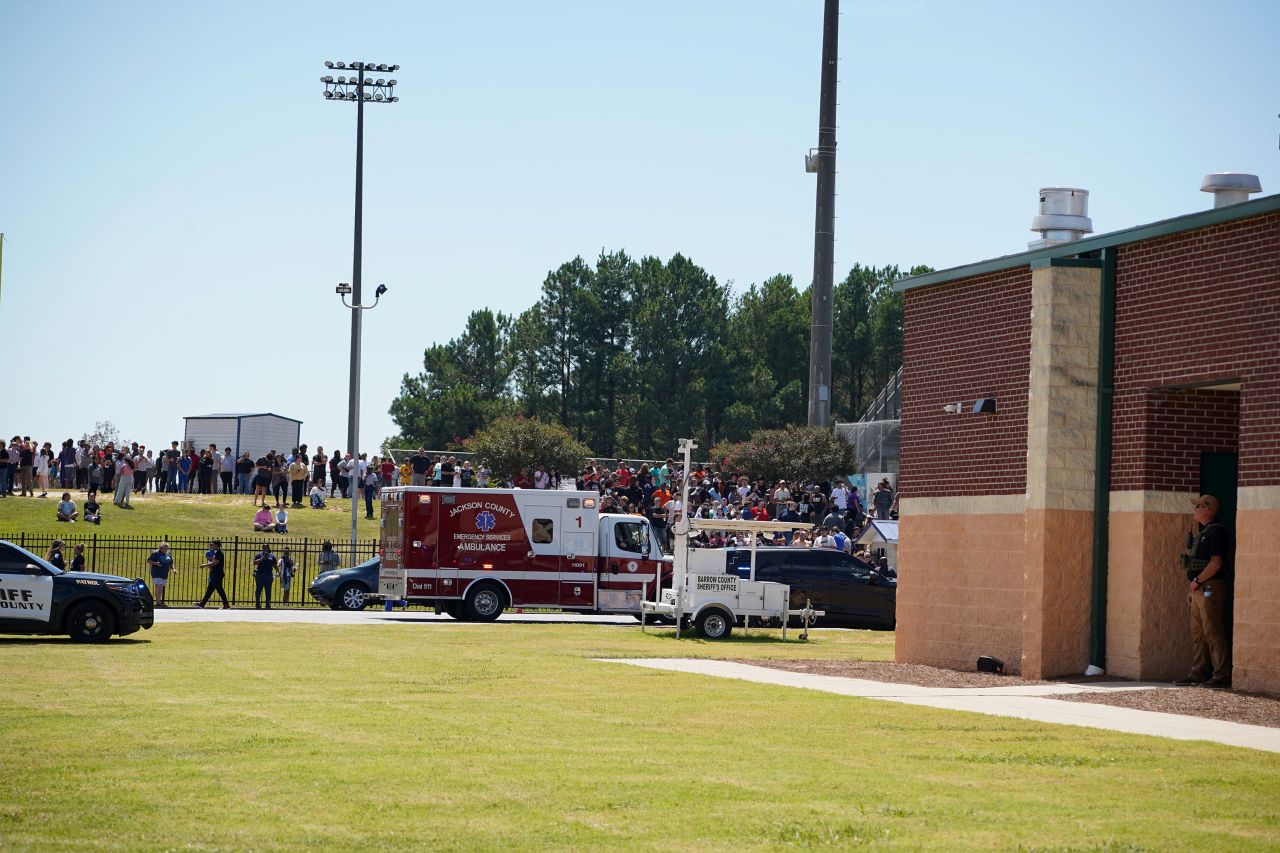 Students wait to be picked up after a shooting at Apalachee High School in Winder, Georgia, on September 4.