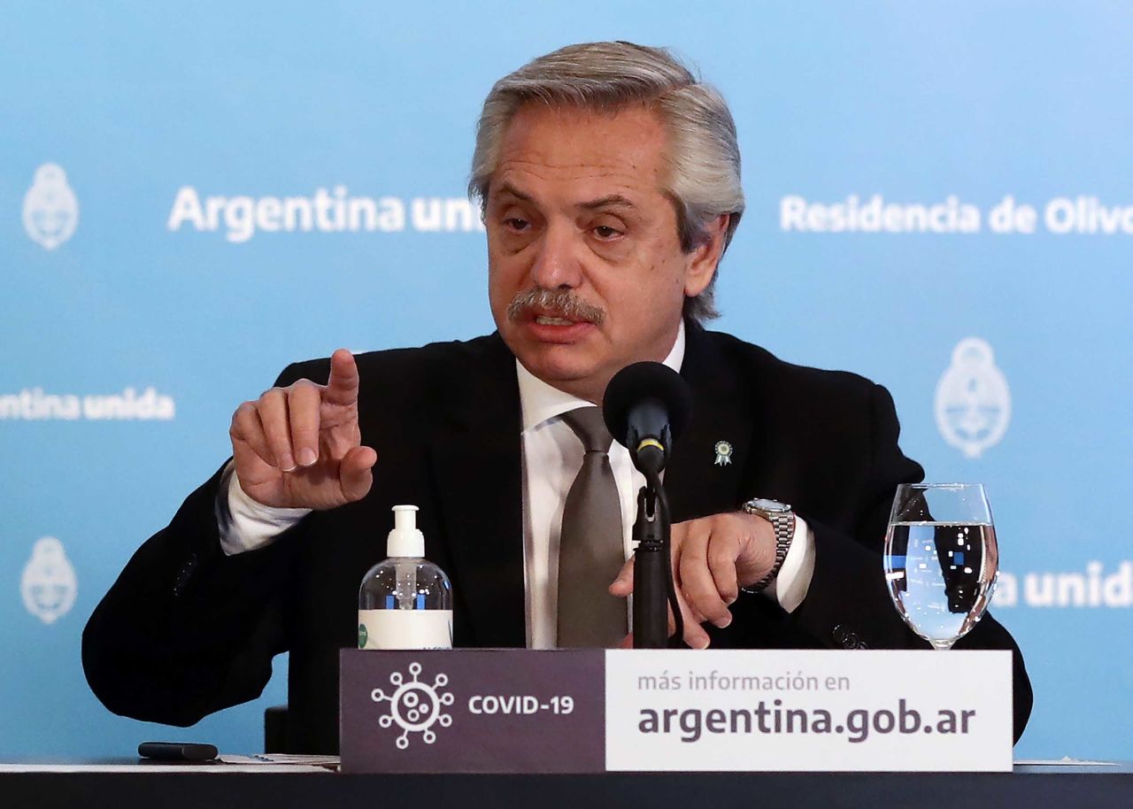 Argentine President Alberto Fernandez is pictured speaking at a press conference about coronavirus lockdown measures in Olivos, Argentina, on May 23.