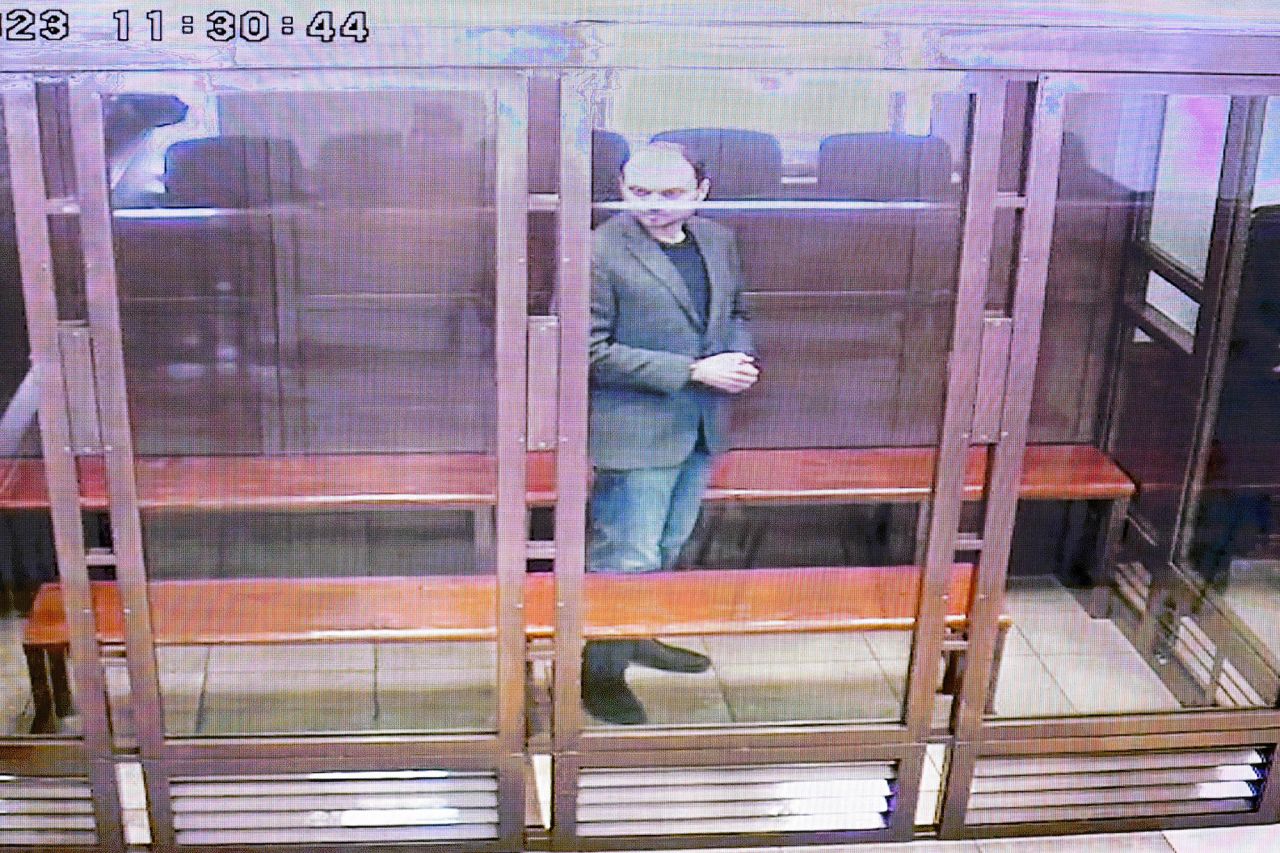 A screen set up at a hall of the Moscow City Court shows live feed of the verdict in the case against Russian opposition figure Vladimir Kara-Murza in Moscow, Russia, on April 17.