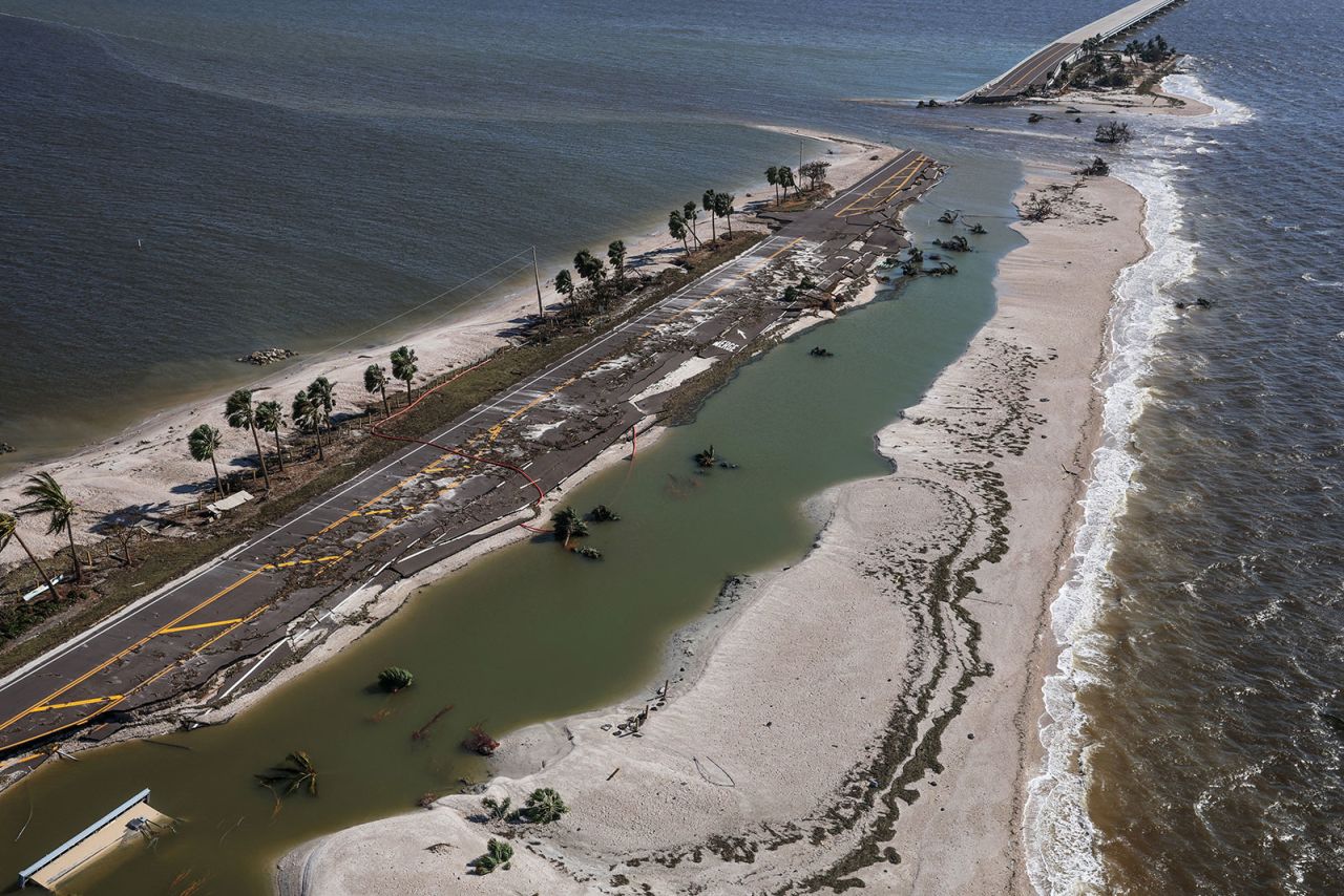 An aerial view of the partially collapsed Sanibel Causeway on Thursday. 