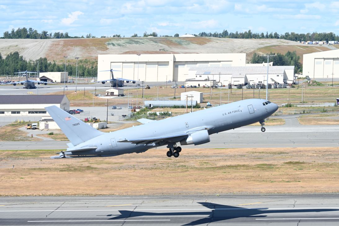 A US Air Force KC-46 Pegasus plane takes off from Joint Base Elmendorf-Richardson in Anchorage, Alaska on July 22, 2025. This is where the summit of President Trump and President Putin is to take place on August 15.