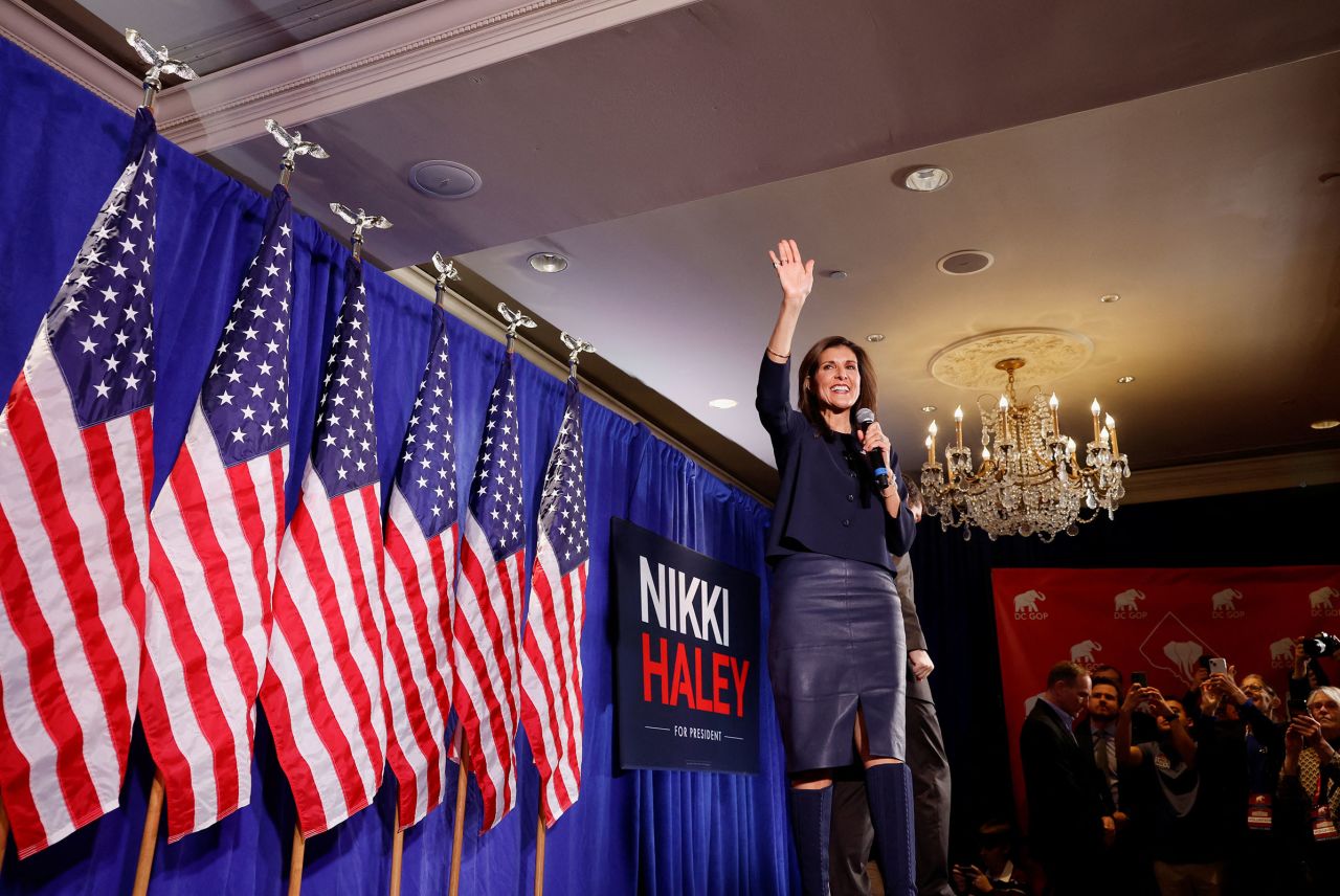 Nikki Haley gestures at an event for the DC Republican Party in Washington, DC, on March 1.