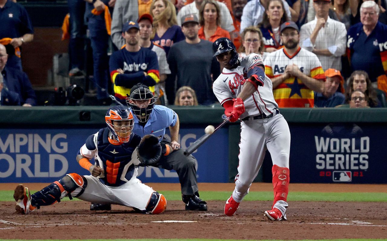 Jorge Soler of the Braves hits a three run home run during the third inning in Game 6.