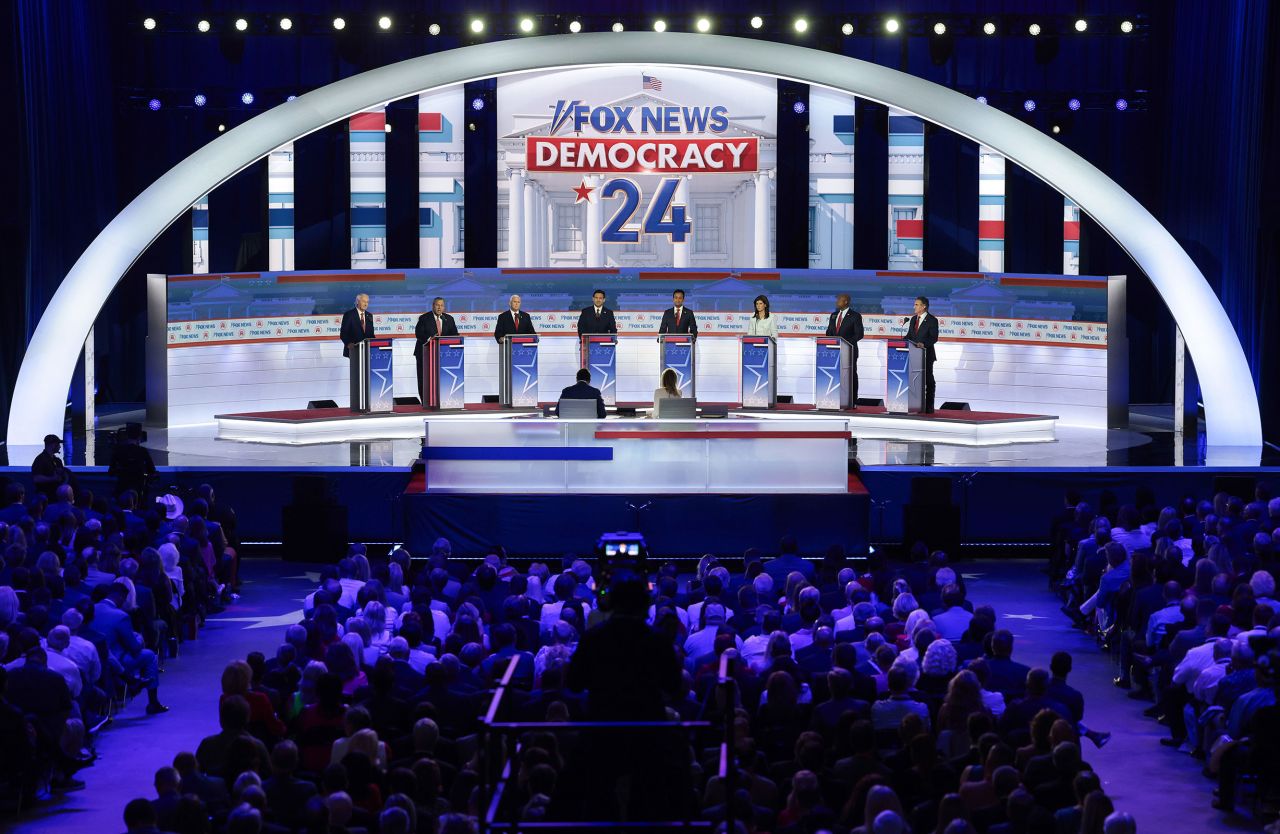 Former Arkansas Gov. Asa Hutchinson, former New Jersey Gov. Chris Christie, former Vice President Mike Pence, Florida Gov. Ron DeSantis, Vivek Ramaswamy, former South Carolina Gov. Nikki Haley, Sen. Tim Scott and North Dakota Gov. Doug Burgum participate in the first primary debate of the 2024 campaign on Wednesday in Milwaukee.