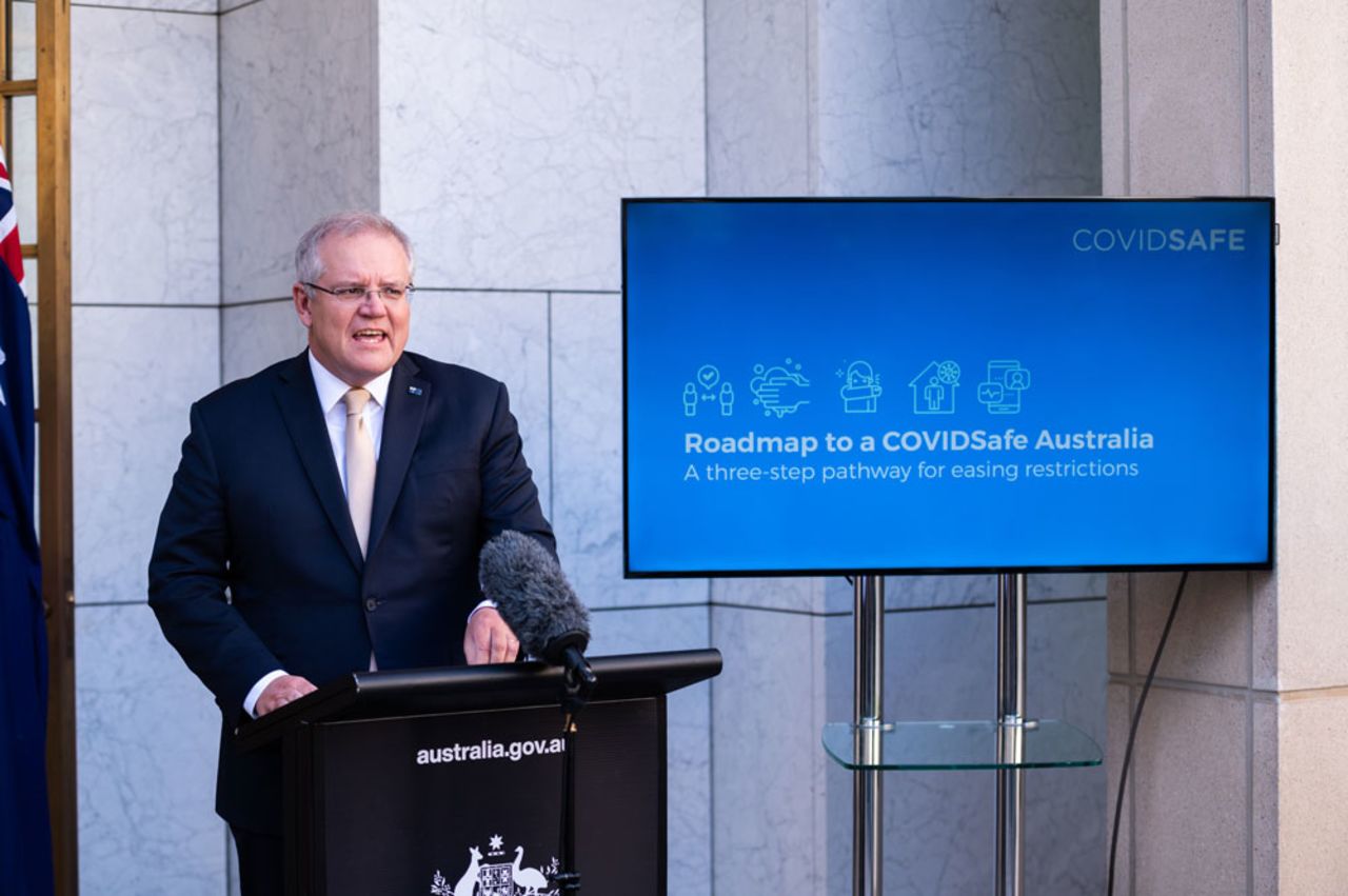 Prime Minister Scott Morrison speaks during a news conference following a National Cabinet meeting at Parliament House on May 8 in Canberra, Australia.