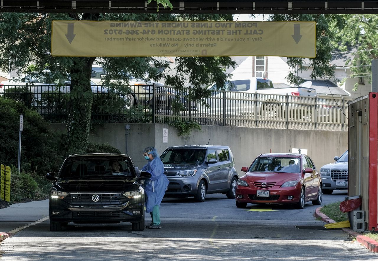 A Medical Worker in full PPE prepares to conduct Covid-19 tests on patients at The Ohio State East Hospital on July 31 in Columbus, Ohio.