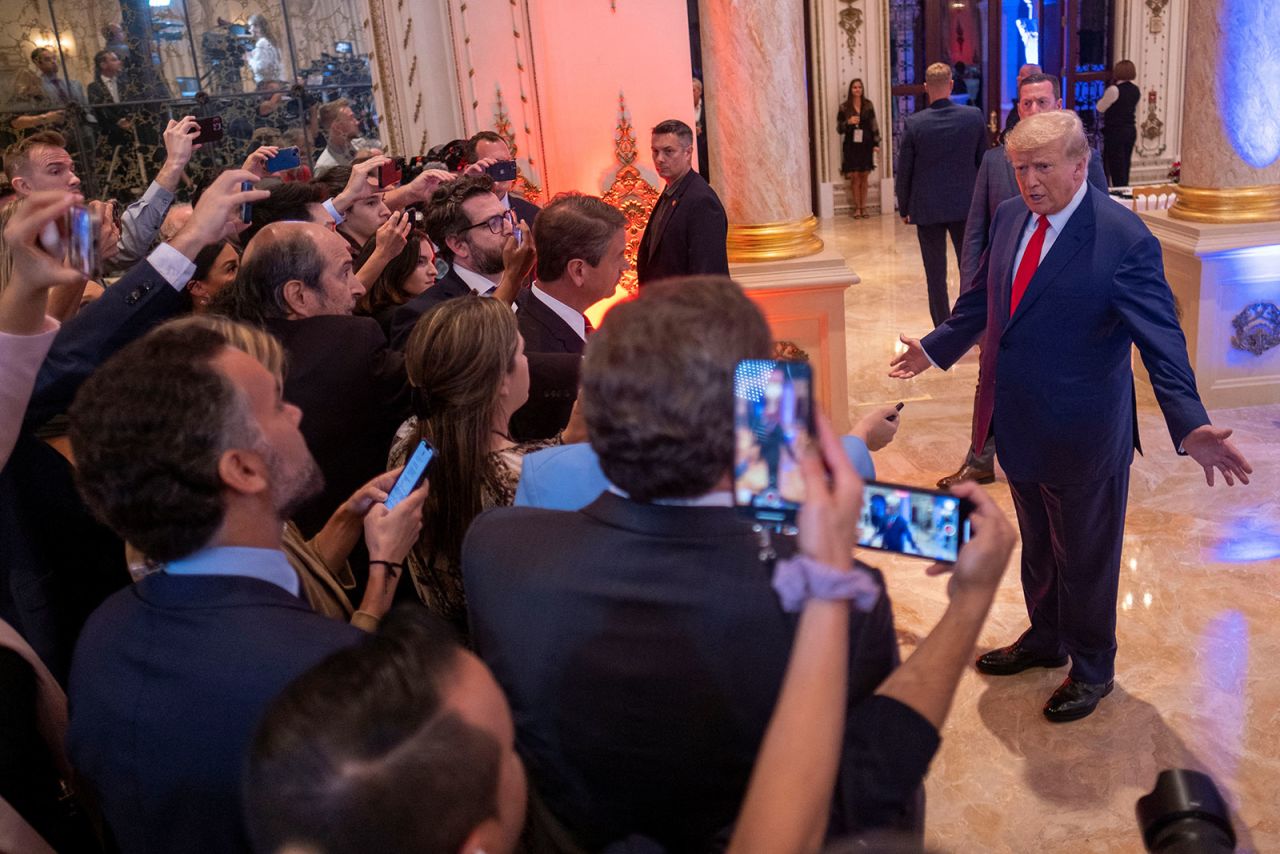 Former President Donald Trump talks to the press on the grounds of his Mar-a-Lago resort on November 8 in Palm Beach, Florida. 