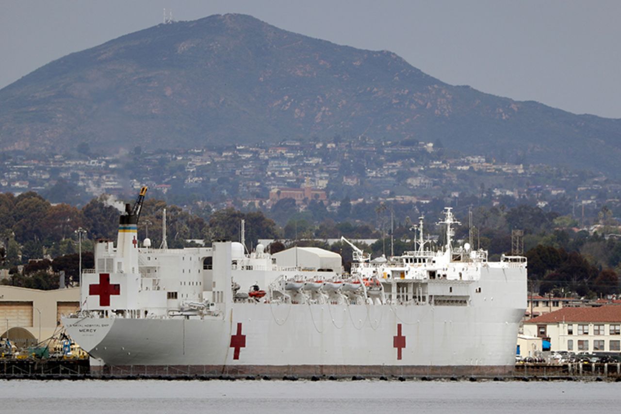 The USNS Mercy is seen docked at Naval Base San Diego Wednesday, March 18, 2020.