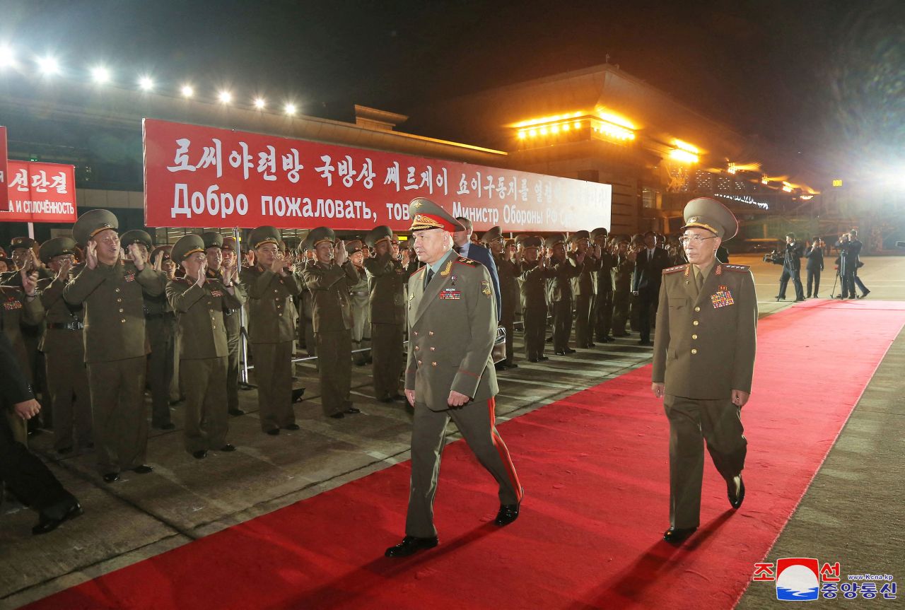 Russian Defense Minister Sergei Shoigu is welcomed during his visit to Pyongyang, North Korea, on Tuesday.
