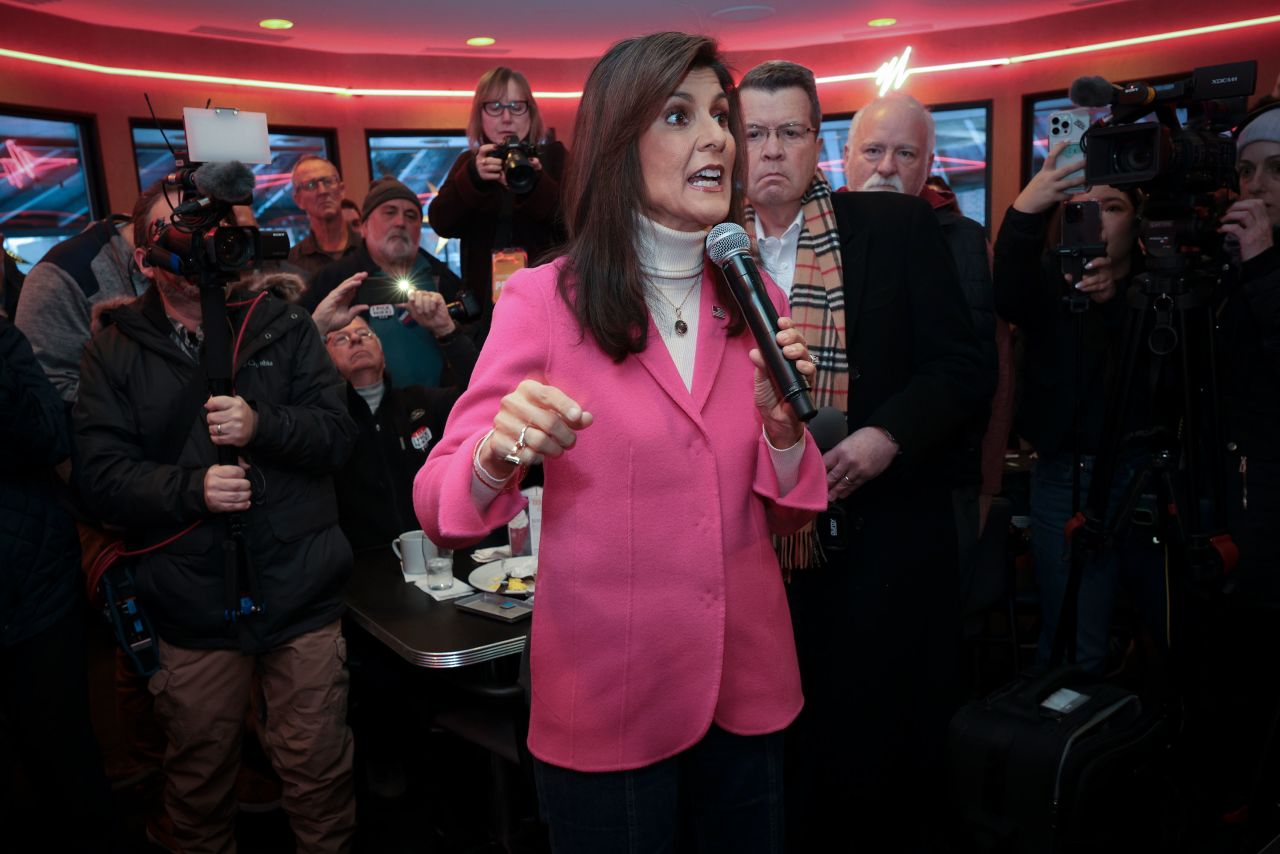 Republican presidential candidate Nikki Haley delivers brief remarks during a campaign stop at the Drake Diner in Des Moines, Iowa, on Monday morning.