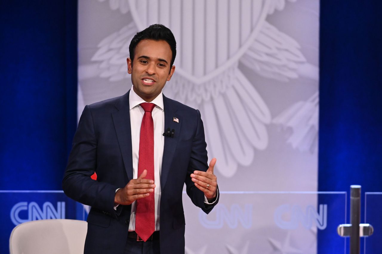 Ramaswamy answers a question during the town hall on Wednesday in Iowa.