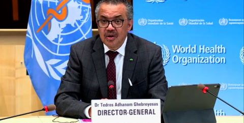 World Health Organization director-general Tedros Adhanom Ghebreyesus speaks at a news briefing in Geneva, Switzerland, on April 9.