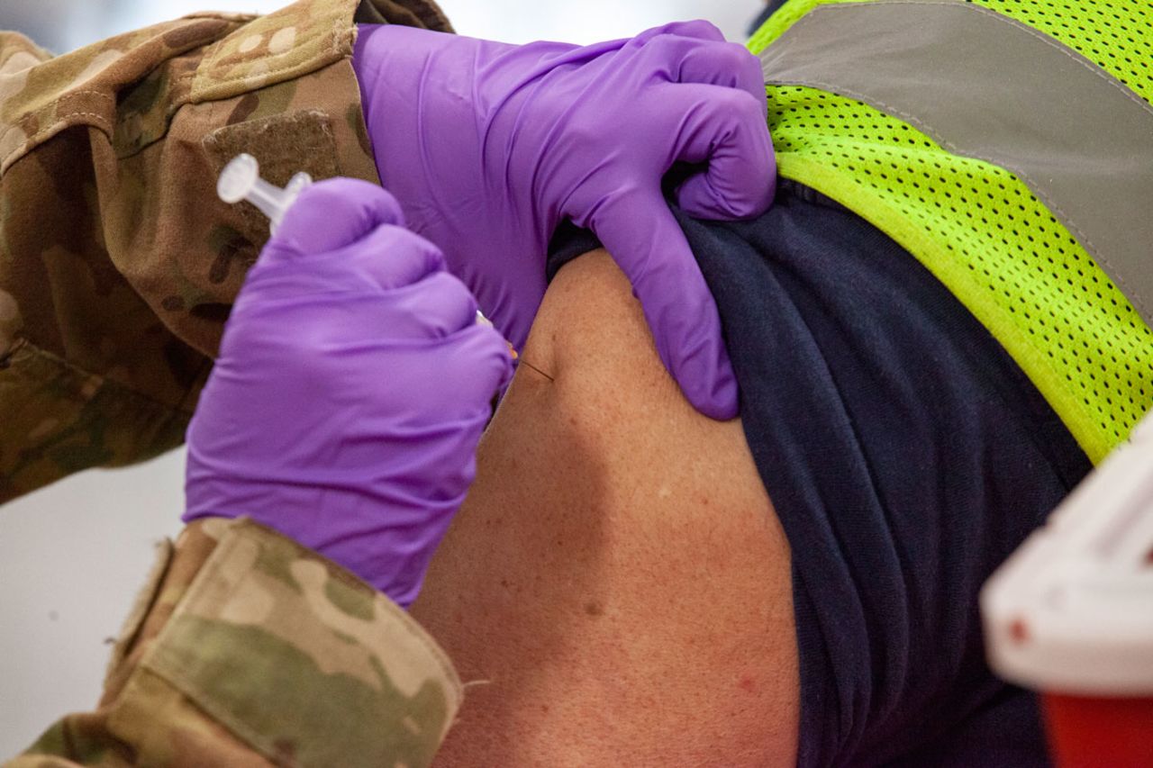 Toyota factory worker receives the Covid-19 Johnson & Johnson Janssen vaccine in Buffalo, West Virginia on March 26.