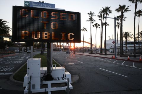 A 'Closed to Public' sign is posted as the USNS Mercy Navy hospital ship is docked in the Port of Los Angeles amidst the coronavirus pandemic on April 15, in San Pedro, California.