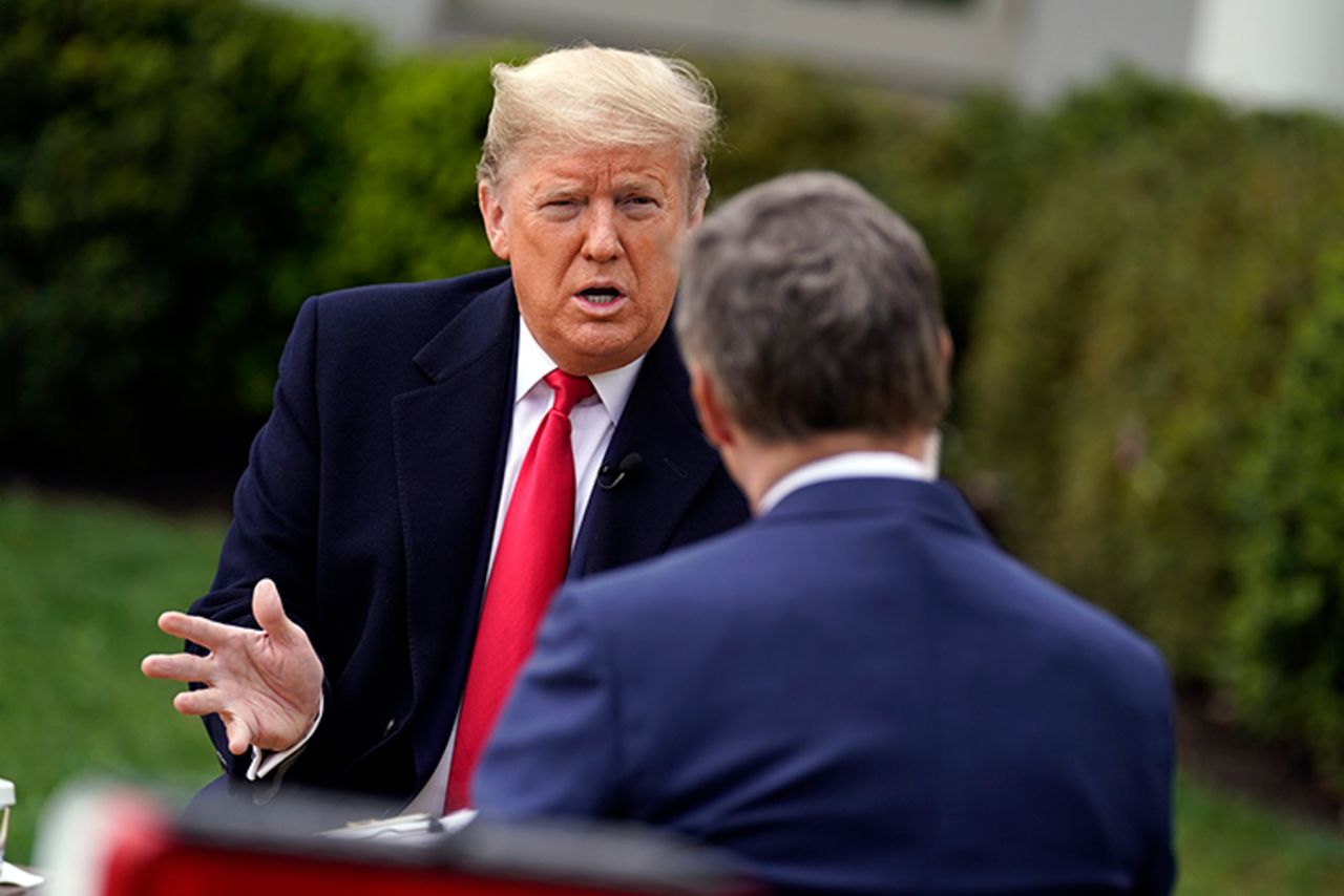 President Donald Trump speaks with Fox News Channel Anchor Bill Hemmer during a Fox News Channel virtual town hall, at the White House, Tuesday, March 24. 