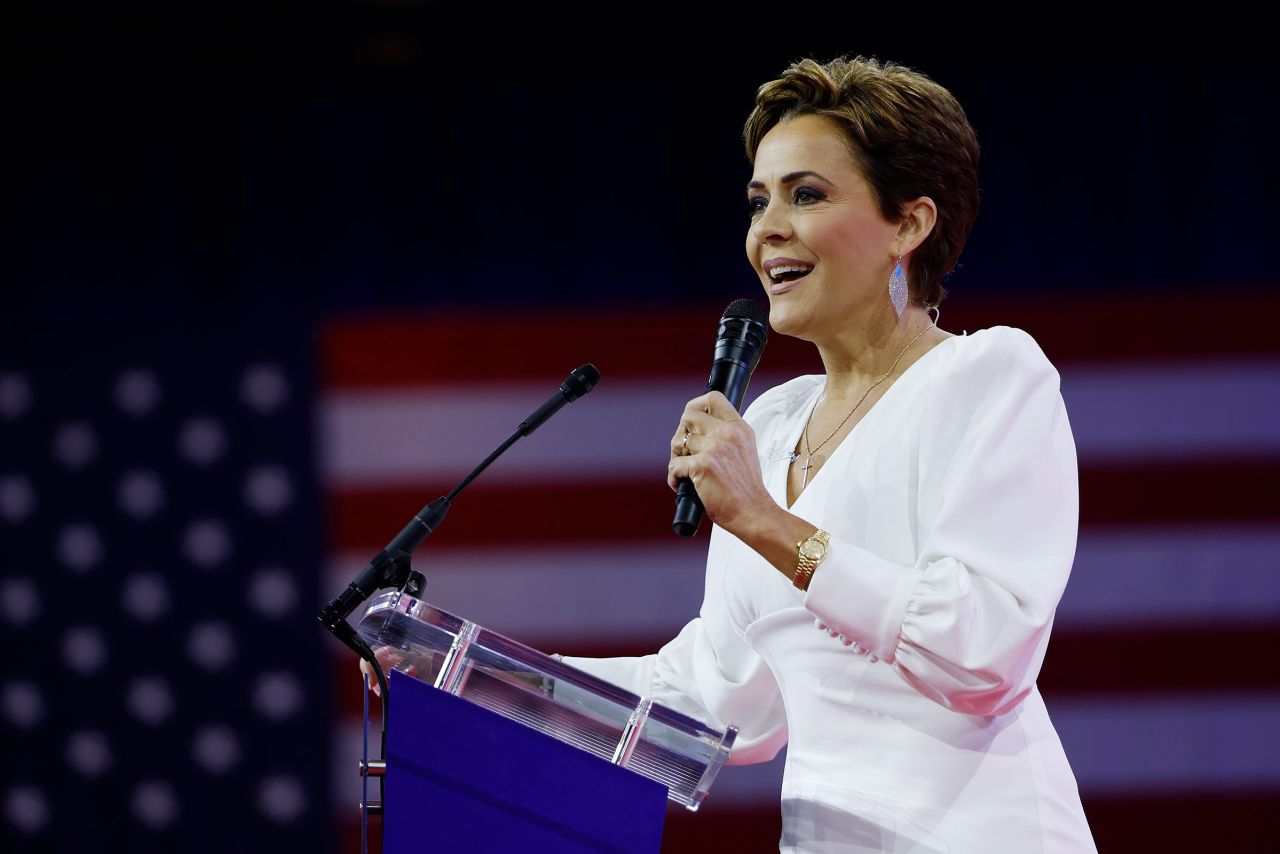 Republican Senate candidate Kari Lake speaks at the Conservative Political Action Conference at the Gaylord National Resort Hotel and Convention Center on February 24, in National Harbor, Maryland.?