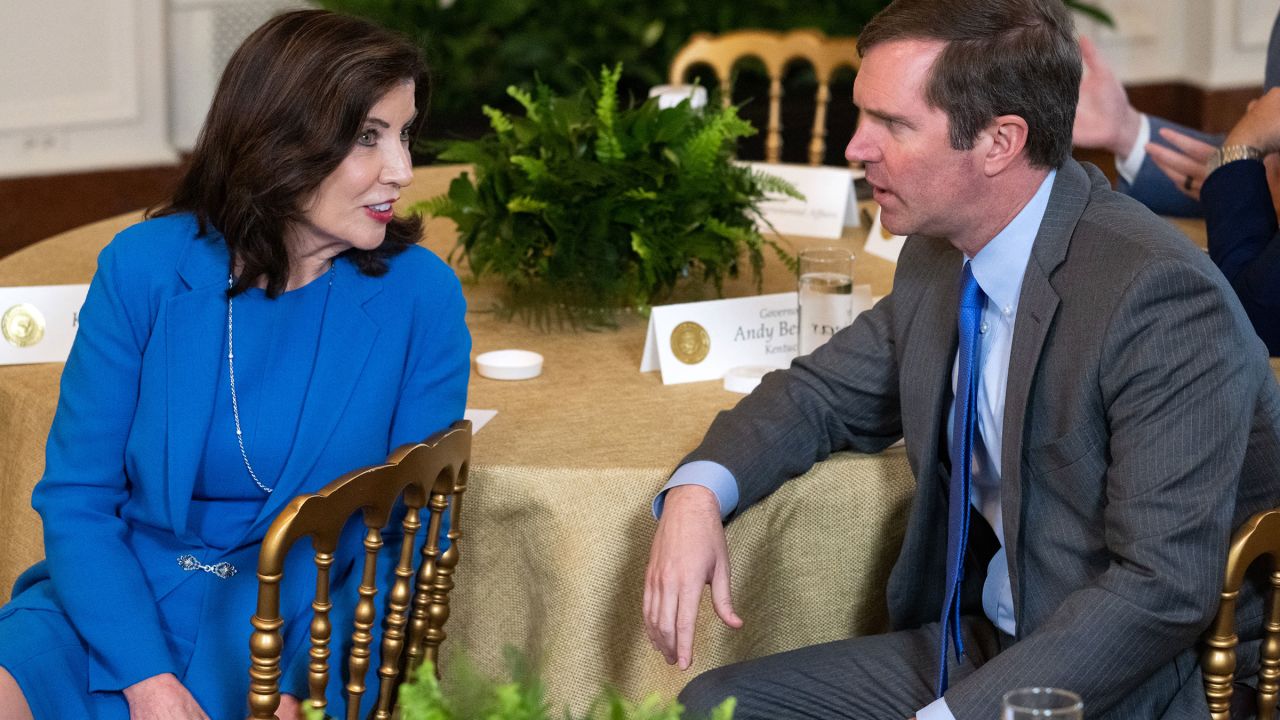 New York Gov. Kathy Hochul and Kentucky Gov. Andy Beshear speak during the National Governors Association Winter Meeting in the East Room of the White House in Washington, DC, on February 23.