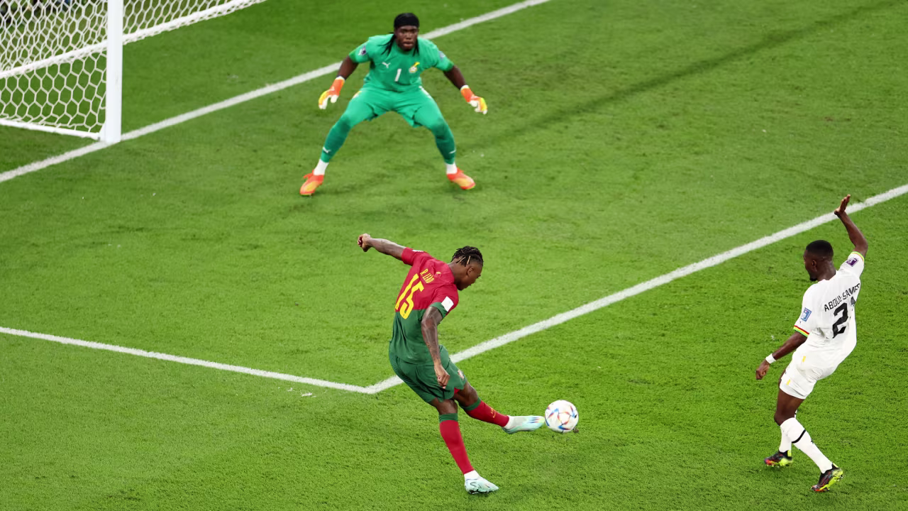 Rafael Leão scores Portugal's third goal Thursday.