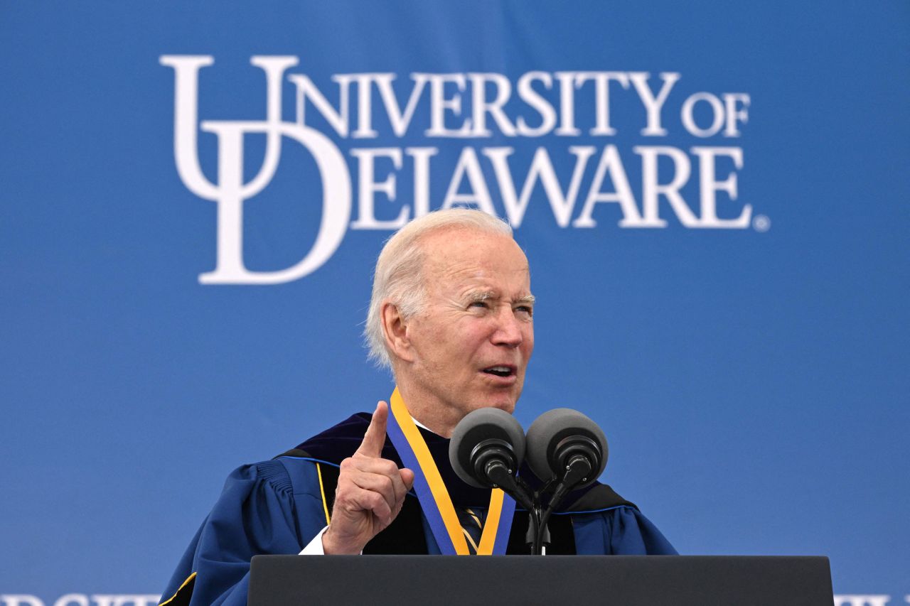 President Joe Biden delivers the commencement address for his alma mater, the University of Delaware, on Saturday.