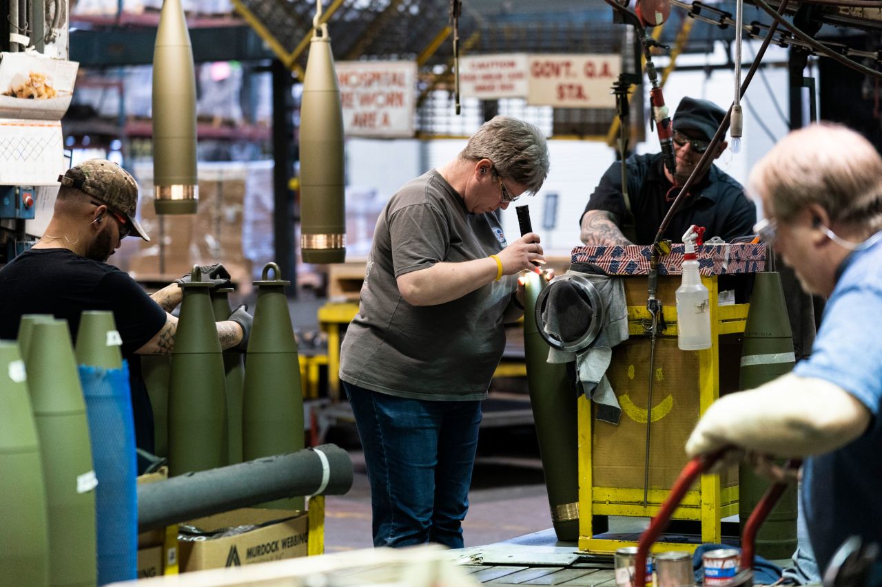 Steel workers manufacture 155 mm M795 artillery projectiles at the Scranton Army Ammunition Plant in Scranton, Pennsylvania, on April 13, 2023.